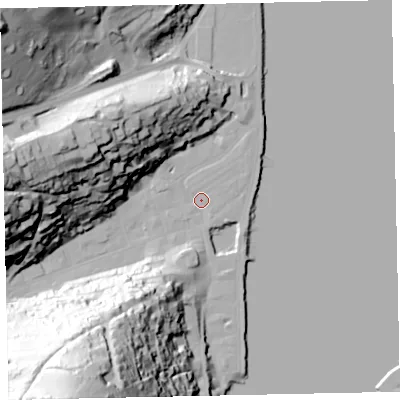Shaded relief map of the ground around TQ69YY, computed from Environment Agency LiDAR. The ground here sits at about 3 m above sea level and falls 95 m across the surrounding 800 m. Surface water reaching this point runs off ground lying to the south-south-west, 93.5 m higher.