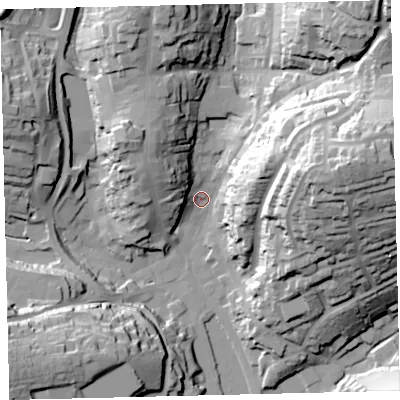 Shaded relief map of the ground around TQ71BL, computed from Environment Agency LiDAR. The ground here sits at about 4 m above sea level and falls 55 m across the surrounding 800 m. Surface water reaching this point runs off ground lying to the east-north-east, 53.3 m higher.