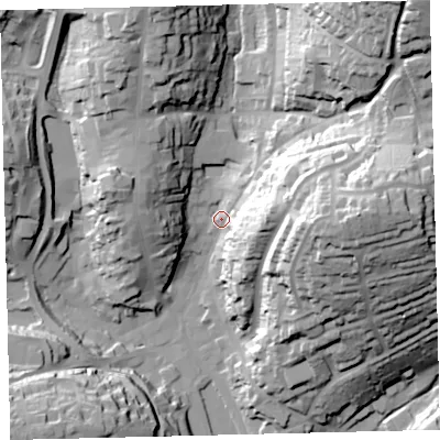 Shaded relief map of the ground around TQ71BT, computed from Environment Agency LiDAR. The ground here sits at about 9 m above sea level and falls 56 m across the surrounding 800 m. Surface water reaching this point runs off ground lying to the north-east, 52.0 m higher.