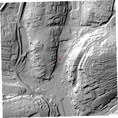 Shaded relief map of the ground around TQ71BU, computed from Environment Agency LiDAR. The ground here sits at about 7 m above sea level and falls 55 m across the surrounding 800 m. Surface water reaching this point runs off ground lying to the east, 51.4 m higher.