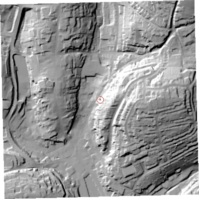 Shaded relief map of the ground around TQ71DD, computed from Environment Agency LiDAR. The ground here sits at about 14 m above sea level and falls 57 m across the surrounding 800 m. Surface water reaching this point runs off ground lying to the east, 29.8 m higher.