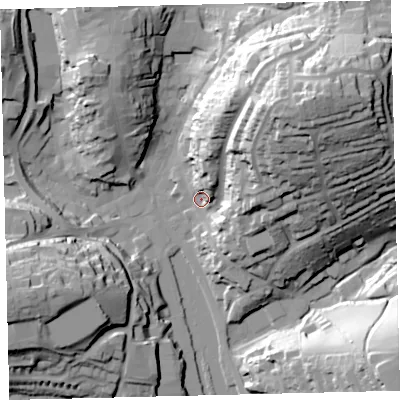 Shaded relief map of the ground around TQ71DE, computed from Environment Agency LiDAR. The ground here sits at about 5 m above sea level and falls 56 m across the surrounding 800 m. Surface water reaching this point runs off ground lying to the north-east, 49.7 m higher.