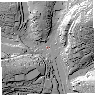 Shaded relief map of the ground around TQ71DX, computed from Environment Agency LiDAR. The ground here sits at about 3 m above sea level and falls 56 m across the surrounding 800 m. Surface water reaching this point runs off ground lying to the west-south-west, 37.8 m higher.
