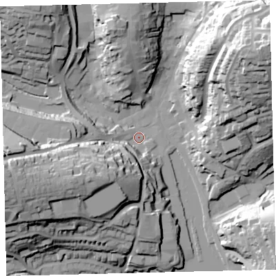 Shaded relief map of the ground around TQ71DZ, computed from Environment Agency LiDAR. The ground here sits at about 3 m above sea level and falls 56 m across the surrounding 800 m. Surface water reaching this point runs off ground lying to the south-west, 30.3 m higher.