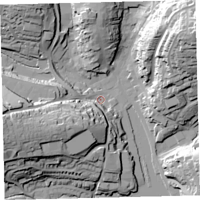 Shaded relief map of the ground around TQ71EB, computed from Environment Agency LiDAR. The ground here sits at about 3 m above sea level and falls 54 m across the surrounding 800 m. Surface water reaching this point runs off ground lying to the south-west, 30.3 m higher.