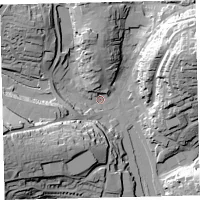 Shaded relief map of the ground around TQ71ED, computed from Environment Agency LiDAR. The ground here sits at about 3 m above sea level and falls 54 m across the surrounding 800 m. Surface water reaching this point runs off ground lying to the west-south-west, 37.8 m higher.