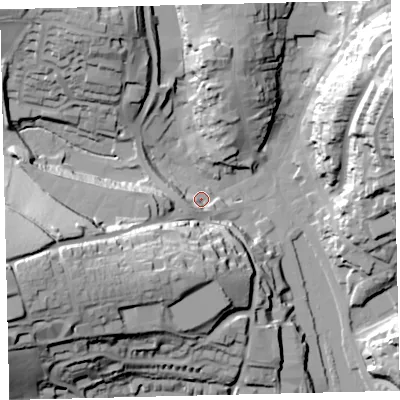 Shaded relief map of the ground around TQ71EE, computed from Environment Agency LiDAR. The ground here sits at about 4 m above sea level and falls 49 m across the surrounding 800 m. Surface water reaching this point runs off ground lying to the west-south-west, 9.7 m higher.