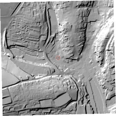 Shaded relief map of the ground around TQ71EF, computed from Environment Agency LiDAR. The ground here sits at about 4 m above sea level and falls 47 m across the surrounding 800 m. Surface water reaching this point runs off ground lying to the west-south-west, 45.2 m higher.