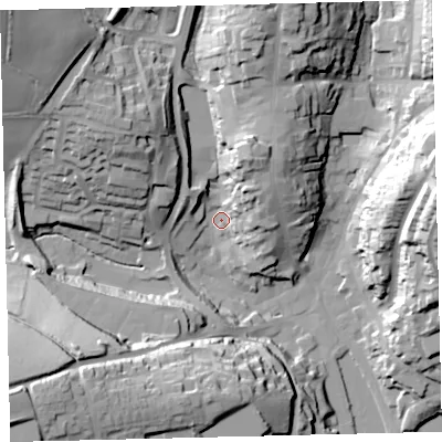 Shaded relief map of the ground around TQ71EG, computed from Environment Agency LiDAR. The ground here sits at about 7 m above sea level and falls 48 m across the surrounding 800 m. Surface water reaching this point runs off ground lying to the north-west, 41.3 m higher.