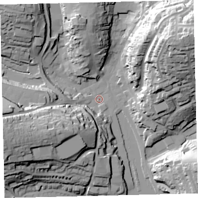Shaded relief map of the ground around TQ71FD, computed from Environment Agency LiDAR. The ground here sits at about 3 m above sea level and falls 56 m across the surrounding 800 m. Surface water reaching this point runs off ground lying to the south-west, 30.3 m higher.