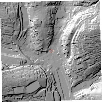 Shaded relief map of the ground around TQ71GB, computed from Environment Agency LiDAR. The ground here sits at about 3 m above sea level and falls 56 m across the surrounding 800 m. Surface water reaching this point runs off ground lying to the west-south-west, 37.6 m higher.