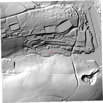 Shaded relief map of the ground around TQ71HJ, computed from Environment Agency LiDAR. The ground here sits at about 8 m above sea level and falls 68 m across the surrounding 800 m. Surface water reaching this point runs off ground lying to the west-north-west, 47.2 m higher.