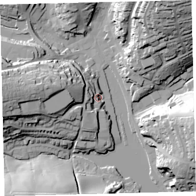 Shaded relief map of the ground around TQ71HN, computed from Environment Agency LiDAR. The ground here sits at about 8 m above sea level and falls 52 m across the surrounding 800 m. Surface water reaching this point runs off ground lying to the west-south-west, 17.4 m higher.