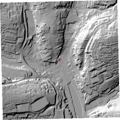 Shaded relief map of the ground around TQ71HU, computed from Environment Agency LiDAR. The ground here sits at about 4 m above sea level and falls 56 m across the surrounding 800 m. Surface water reaching this point runs off ground lying to the north-north-west, 22.4 m higher.