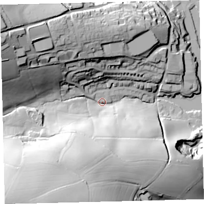 Shaded relief map of the ground around TQ71HW, computed from Environment Agency LiDAR. The ground here sits at about 9 m above sea level and falls 72 m across the surrounding 800 m. Surface water reaching this point runs off ground lying to the south-west, 66.5 m higher.