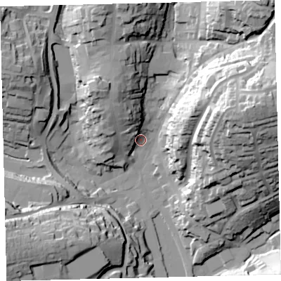 Shaded relief map of the ground around TQ71HX, computed from Environment Agency LiDAR. The ground here sits at about 5 m above sea level and falls 55 m across the surrounding 800 m. Surface water reaching this point runs off ground lying to the south-west, 37.3 m higher.