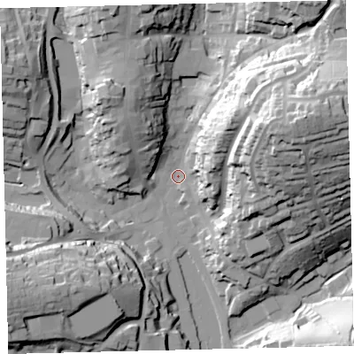 Shaded relief map of the ground around TQ71JB, computed from Environment Agency LiDAR. The ground here sits at about 3 m above sea level and falls 56 m across the surrounding 800 m. Surface water reaching this point runs off ground lying to the east-north-east, 48.5 m higher.