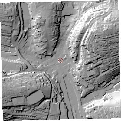 Shaded relief map of the ground around TQ71JD, computed from Environment Agency LiDAR. The ground here sits at about 3 m above sea level and falls 56 m across the surrounding 800 m. Surface water reaching this point runs off ground lying to the north-east, 48.7 m higher.
