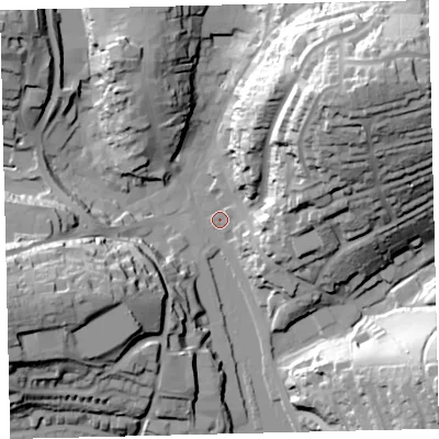 Shaded relief map of the ground around TQ71JE, computed from Environment Agency LiDAR. The ground here sits at about 4 m above sea level and falls 56 m across the surrounding 800 m. Surface water reaching this point runs off ground lying to the north-east, 51.5 m higher.
