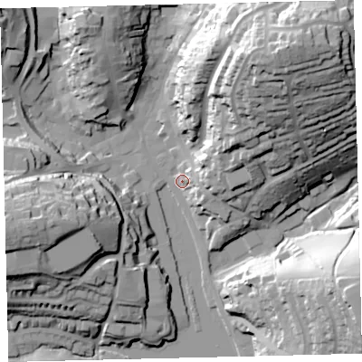 Shaded relief map of the ground around TQ71JF, computed from Environment Agency LiDAR. The ground here sits at about 5 m above sea level and falls 56 m across the surrounding 800 m. Surface water reaching this point runs off ground lying to the east-north-east, 7.1 m higher.