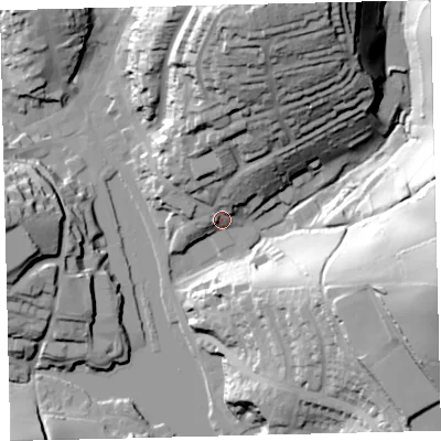 Shaded relief map of the ground around TQ71JJ, computed from Environment Agency LiDAR. The ground here sits at about 7 m above sea level and falls 60 m across the surrounding 800 m. Surface water reaching this point runs off ground lying to the north-north-east, 52.7 m higher.