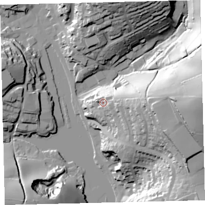 Shaded relief map of the ground around TQ71JN, computed from Environment Agency LiDAR. The ground here sits at about 20 m above sea level and falls 61 m across the surrounding 800 m. Surface water reaching this point runs off ground lying to the east, 10.8 m higher.