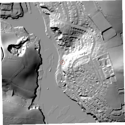 Shaded relief map of the ground around TQ71JZ, computed from Environment Agency LiDAR. The ground here sits at about 4 m above sea level and falls 60 m across the surrounding 800 m. Surface water reaching this point runs off ground lying to the east, 36.9 m higher.
