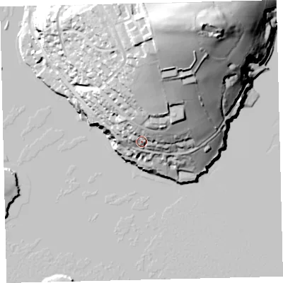 Shaded relief map of the ground around TQ71LA, computed from Environment Agency LiDAR. The ground here sits at about 19 m above sea level and falls 50 m across the surrounding 800 m. Surface water reaching this point runs off ground lying to the north, 31.1 m higher.