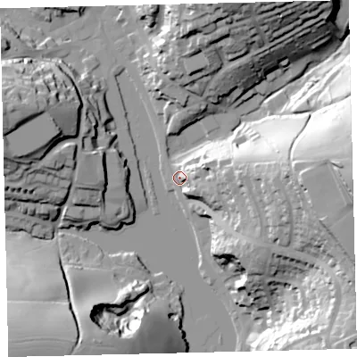 Shaded relief map of the ground around TQ71LN, computed from Environment Agency LiDAR. The ground here sits at about 4 m above sea level and falls 50 m across the surrounding 800 m. Surface water reaching this point runs off ground lying to the east, 23.5 m higher.