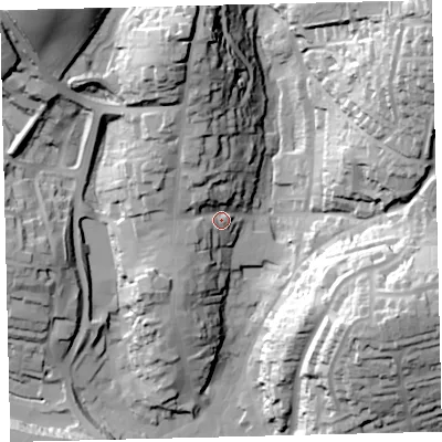 Shaded relief map of the ground around TQ71LR, computed from Environment Agency LiDAR. The ground here sits at about 19 m above sea level and falls 70 m across the surrounding 800 m. Surface water reaching this point runs off ground lying to the north-north-west, 37.3 m higher.