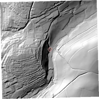 Shaded relief map of the ground around TQ71NN, computed from Environment Agency LiDAR. The ground here sits at about 16 m above sea level and falls 74 m across the surrounding 800 m. Surface water reaching this point runs off ground lying to the east, 61.2 m higher.