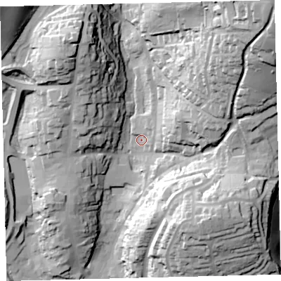 Shaded relief map of the ground around TQ71NS, computed from Environment Agency LiDAR. The ground here sits at about 11 m above sea level and falls 80 m across the surrounding 800 m. Surface water reaching this point runs off ground lying to the north-east, 74.5 m higher.