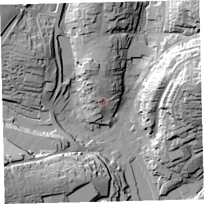 Shaded relief map of the ground around TQ71NY, computed from Environment Agency LiDAR. The ground here sits at about 16 m above sea level and falls 54 m across the surrounding 800 m. Surface water reaching this point runs off ground lying to the north, 10.8 m higher.