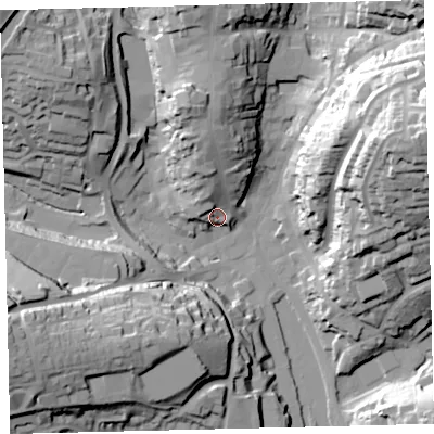 Shaded relief map of the ground around TQ71QB, computed from Environment Agency LiDAR. The ground here sits at about 8 m above sea level and falls 55 m across the surrounding 800 m. Surface water reaching this point runs off ground lying to the north-north-west, 6.7 m higher.