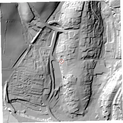 Shaded relief map of the ground around TQ71QN, computed from Environment Agency LiDAR. The ground here sits at about 17 m above sea level and falls 59 m across the surrounding 800 m. Surface water reaching this point runs off ground lying to the east-north-east, 12.2 m higher.