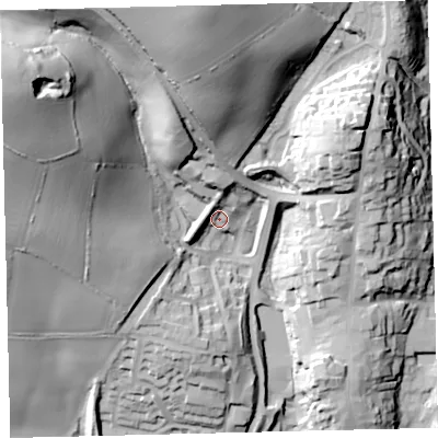 Shaded relief map of the ground around TQ71QR, computed from Environment Agency LiDAR. The ground here sits at about 22 m above sea level and falls 76 m across the surrounding 800 m. Surface water reaching this point runs off ground lying to the north, 10.3 m higher.