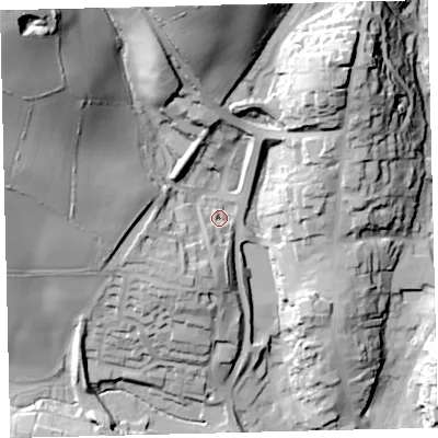 Shaded relief map of the ground around TQ71QS, computed from Environment Agency LiDAR. The ground here sits at about 18 m above sea level and falls 77 m across the surrounding 800 m. Surface water reaching this point runs off ground lying to the south-south-west, 8.8 m higher.