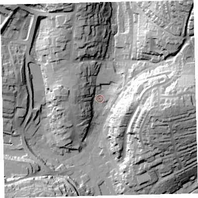 Shaded relief map of the ground around TQ71RZ, computed from Environment Agency LiDAR. The ground here sits at about 8 m above sea level and falls 59 m across the surrounding 800 m. Surface water reaching this point runs off ground lying to the north-east, 54.5 m higher.