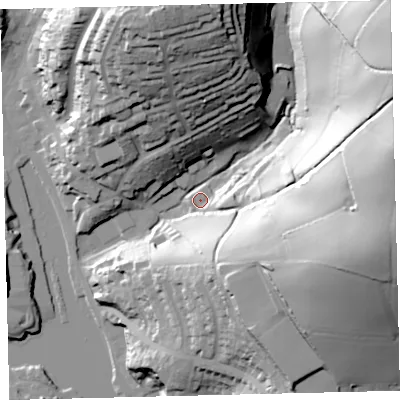 Shaded relief map of the ground around TQ71SA, computed from Environment Agency LiDAR. The ground here sits at about 6 m above sea level and falls 71 m across the surrounding 800 m. Surface water reaching this point runs off ground lying to the east-north-east, 68.6 m higher.