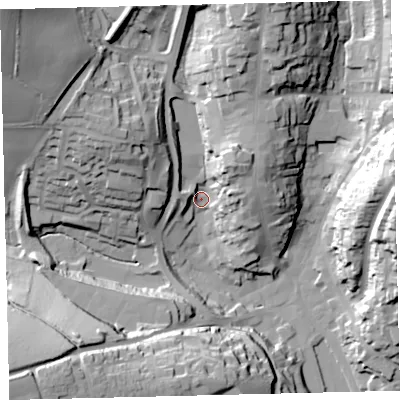 Shaded relief map of the ground around TQ71SF, computed from Environment Agency LiDAR. The ground here sits at about 8 m above sea level and falls 51 m across the surrounding 800 m. Surface water reaching this point runs off ground lying to the north-west, 46.7 m higher.
