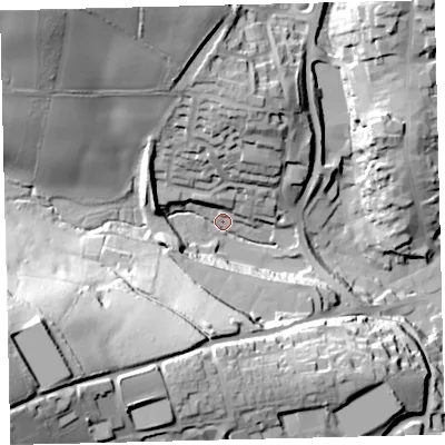Shaded relief map of the ground around TQ71SH, computed from Environment Agency LiDAR. The ground here sits at about 6 m above sea level and falls 65 m across the surrounding 800 m. Surface water reaching this point runs off ground lying to the south-west, 63.5 m higher.