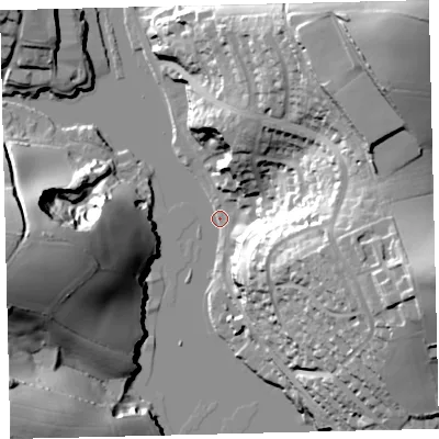 Shaded relief map of the ground around TQ71SP, computed from Environment Agency LiDAR. The ground here sits at about 3 m above sea level and falls 63 m across the surrounding 800 m. Surface water reaching this point runs off ground lying to the north-east, 62.4 m higher.