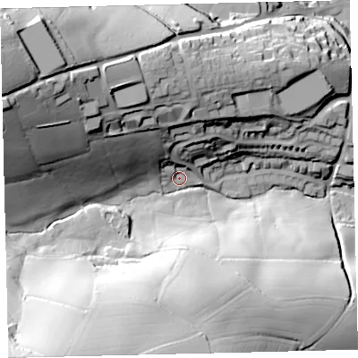 Shaded relief map of the ground around TQ71TA, computed from Environment Agency LiDAR. The ground here sits at about 13 m above sea level and falls 69 m across the surrounding 800 m. Surface water reaching this point runs off ground lying to the south-west, 59.5 m higher.