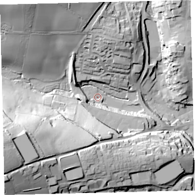 Shaded relief map of the ground around TQ71TP, computed from Environment Agency LiDAR. The ground here sits at about 6 m above sea level and falls 67 m across the surrounding 800 m. Surface water reaching this point runs off ground lying to the west-south-west, 65.8 m higher.