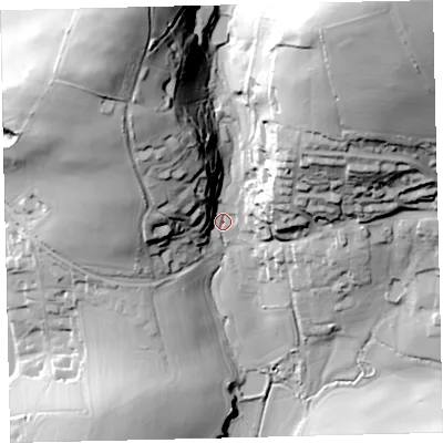 Shaded relief map of the ground around TQ72AE, computed from Environment Agency LiDAR. The ground here sits at about 10 m above sea level and falls 84 m across the surrounding 800 m. Surface water reaching this point runs off ground lying to the north-east, 72.5 m higher.
