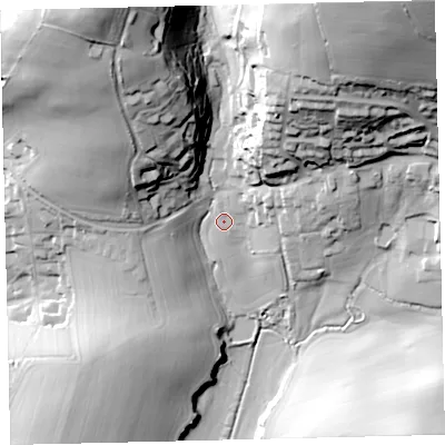 Shaded relief map of the ground around TQ72AF, computed from Environment Agency LiDAR. The ground here sits at about 8 m above sea level and falls 75 m across the surrounding 800 m. Surface water reaching this point runs off ground lying to the north-north-east, 63.3 m higher.
