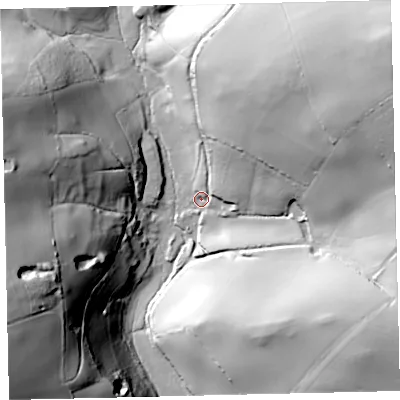Shaded relief map of the ground around TQ72AS, computed from Environment Agency LiDAR. The ground here sits at about 13 m above sea level and falls 76 m across the surrounding 800 m. Surface water reaching this point runs off ground lying to the north-east, 63.8 m higher.