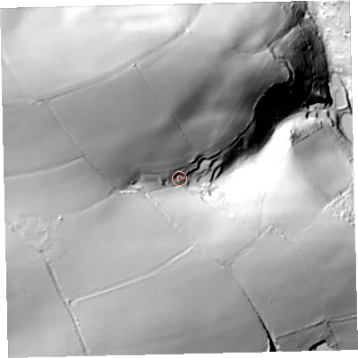 Shaded relief map of the ground around TQ72BG, computed from Environment Agency LiDAR. The ground here sits at about 104 m above sea level and falls 104 m across the surrounding 800 m. Surface water reaching this point runs off ground lying to the west-north-west, 41.1 m higher.