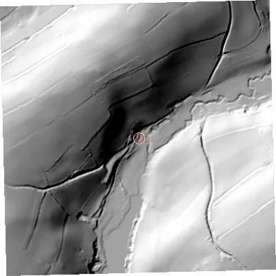Shaded relief map of the ground around TQ72DL, computed from Environment Agency LiDAR. The ground here sits at about 6 m above sea level and falls 87 m across the surrounding 800 m. Surface water reaching this point runs off ground lying to the north-west, 73.4 m higher.