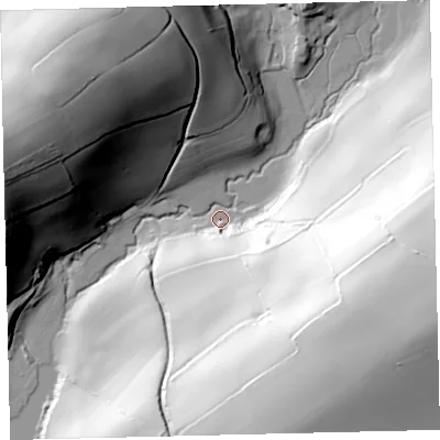 Shaded relief map of the ground around TQ72DN, computed from Environment Agency LiDAR. The ground here sits at about 7 m above sea level and falls 105 m across the surrounding 800 m. Surface water reaching this point runs off ground lying to the east-south-east, 101.5 m higher.